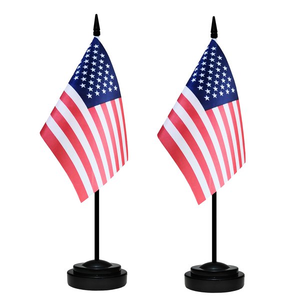 USA Desk Flag Set, 2 Pack American US Table Office Flags, Small Mini Desktop Flag With 12" Solid Black Pole, Black Base, Miniature Desktop Flag