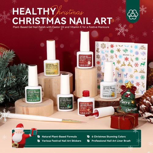 SAVILAND Christmas Gel Nail Polish Set: 6 Color Glitter Red Green Gold Silver Gel Polish Nail Art Stickers Liner Brush Castor Oil Vitamin E Nail Kit Party Christmas Limited Series Gifts