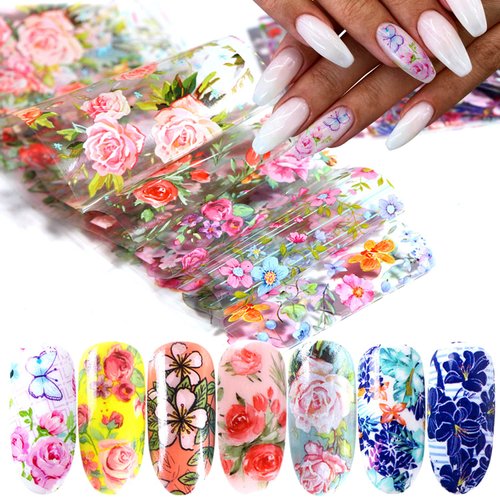 Flowers Nail Foil Transfer Stickers Colorful Floral Nail Foil Decals Designs Supplies Acrylic Nai...