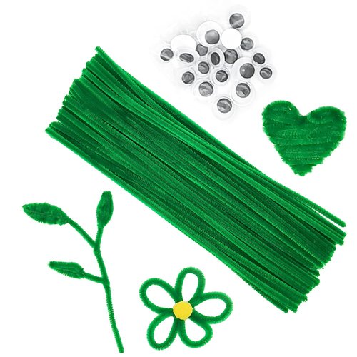 Cldamecy 100 pcs Green Color Craft Pipe Cleaners with 20 pcs Wiggle Eyes,Chenille Stems for Arts & Crafts,DIY Projects and Holiday Decoration