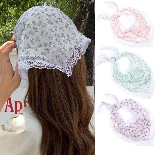 Woeoe 3Pcs Floral Hair Bandanas Triangle Print Flower Head Kerchief Headband Chiffon Lace Tie-Back Head Scarf for Women's Hair