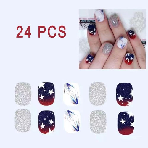 24Pcs 4th of July Press on Nails Short Star Blue Gradient Fake Nails White Stars Glue on Nails Independence Day Shiny Glitter Firework False Nails Acrylic Nails for Women Girls Accessories Decoration