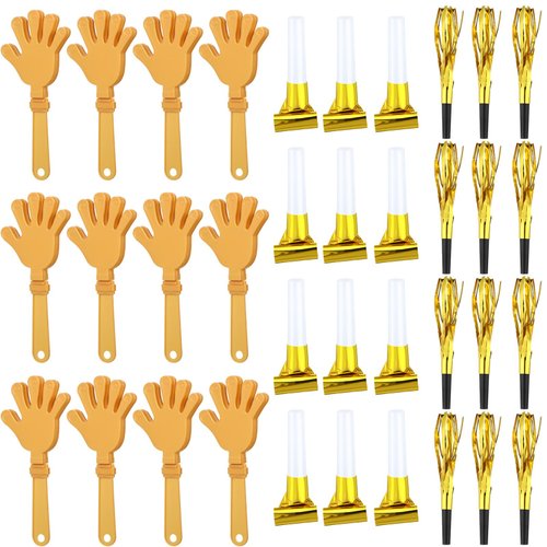 ZCYSRLQIN 36 Pcs New Years Eve Party Noisemakers Supplies New Year Party Kit Includes 12 Hand Clappers 12 Plastic Blowers 12 Metallic Fringed Party Blowers for 2025 New Years Party Supplies (Gold)