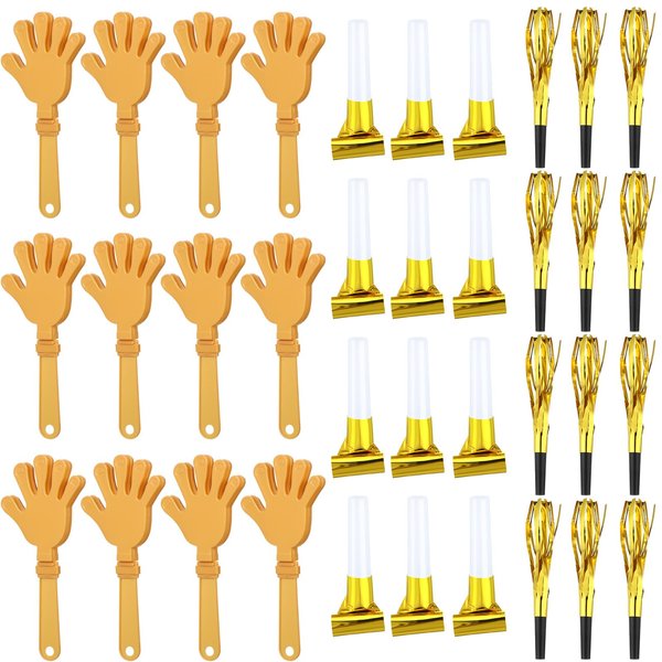 ZCYSRLQIN 36 Pcs New Years Eve Party Noisemakers Supplies New Year Party Kit Includes 12 Hand Clappers 12 Plastic Blowers 12 Metallic Fringed Party Blowers for 2025 New Years Party Supplies (Gold)