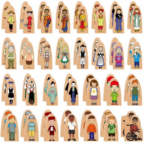 60 Pcs Small Wooden Blocks Multicultural 2 Sets Wooden Character Set Cute People Toys Double Sided Wooden People Figures for Classroom Diversity Creative Educational Learning