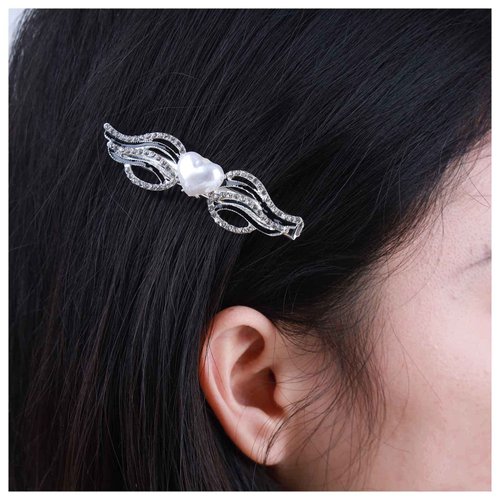 Allereyae Vintage Crystal Angel Wing Hair Clip Barrette Rhinestone Wing Hair Pin Barrette Pearl Heart Hair Clip Barrette Silver Pearl Head Clip Headwear Hair Accessories for Women (Silver)