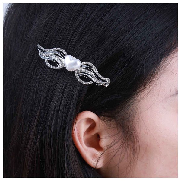Allereyae Vintage Crystal Angel Wing Hair Clip Barrette Rhinestone Wing Hair Pin Barrette Pearl Heart Hair Clip Barrette Silver Pearl Head Clip Headwear Hair Accessories for Women (Silver)