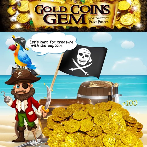Pirate Gold Coins Plastic Set of 100, Pirate Treasure Hunt Coins Toys Party Favors Fake Gold Coins Toys Pirate Party Supplies Pirate Adventure Themed Party Favors