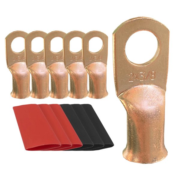 10pcs 2 AWG-3/8 Ring Battery Lugs, Copper Lugs, Battery Cable Ends, Tubular Ring Terminals, Crimp Wire Ring Lugs, Battery Terminal Connectors with Heat Shrink Tubing (10, 2 Awg - 3/8" (M10) Ring)
