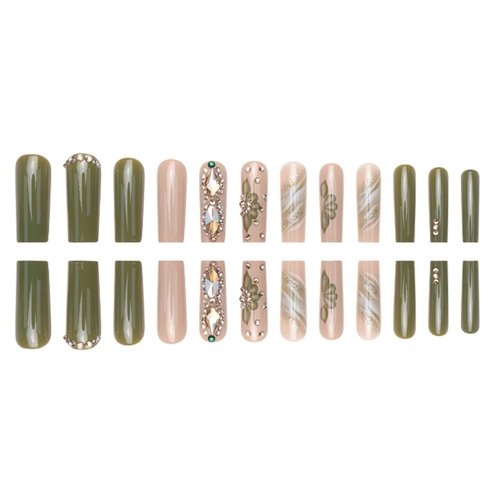 DANMANR Green Fake Acrylic Long Nails Square False Nails Full Cover Rhinestones Press on Nails for Women and Girls 24PCS
