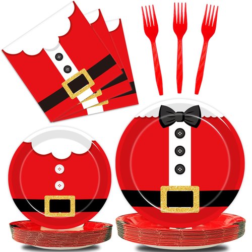 Kepeel 96 Pcs Santa Christmas Paper Plates Santa Claus Suit Disposable Party Plates Napkins Set Merry Christmas Holiday Dinnerware Party Decoration Supplies, Serves 24