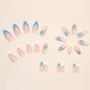 24Pcs Blue & White French Tip Press on Nails Medium Fake Nails Almond False Nails with Blue & White Flowers Designs Nude Translucent Acrylic Nails Swirl & Glossy Glue on Nails Spring Nails for Women