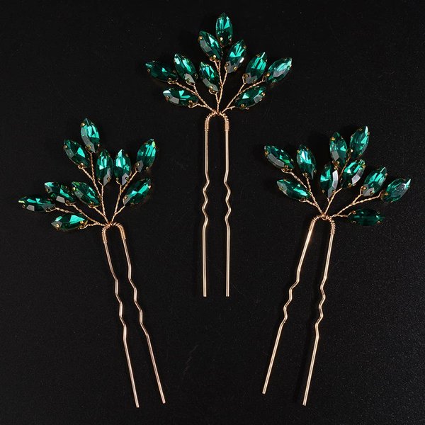 Chargances 3pcs Crystal Wedding Hair Pins Malachite Green Rhinestone Bridal Hair Pins Handmade Bridal Hair Accessories for Women Girls Bridesmaids (Malachite green)