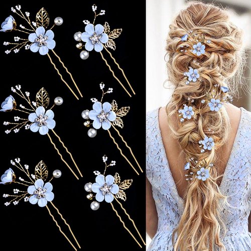 6 Pieces Bridal Flower Wedding Hair Pins Crystal Pearl Hair Pins Clips Headpiece Gold Wedding Hai...
