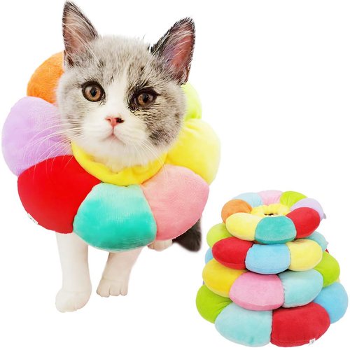 KUDES Cat Small Dog Recovery Collar, Cute Neck Cone After Surgery, Adjustable Pet E Collar, Wound Healing Protective Cone Surgery Recovery Elizabethan Collars for Small Pet (L(Within 14lb), Colorful)