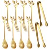 Leaf Coffee Spoons, Mini Serving Tongs and Appetizer Forks Stainless Steel Sugar Cube Tongs Dessert Spoons Metal Dinner Forks for Dessert Coffee Tea (10, Gold)