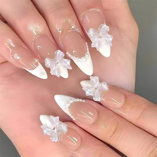 French Tip Press on Nails Medium Length Pink Medium Pearl White Fake Nails Almond Bling Glossy Rhinestone 3D False Nail Tips Acrylic Nails Glossy Nails