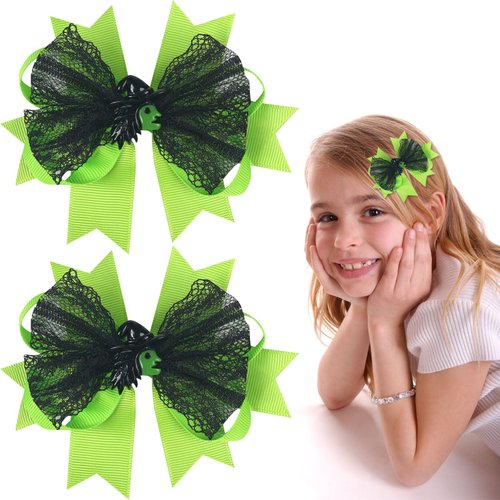 HIFANMM Halloween Hair Clips Green Bow Hair Accessories for Women Girls Cute Cartoon 3D Witch Hairpins Black Lace Bow Alligator Hair Barrettes for Halloween Party Cosplay Supplies Decor 2Pcs