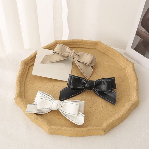 3 Pieces PU-leather Hair Bow Clip Bow Hair Clips Bow Hair Barrettes Handmade Knot Bow Barrettes Hair Pin Hair Bows Barrette Hair Accessories for Women, Black, White, Light-Coffee