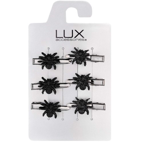 Lux Accessories Halloween Set of 6 Silvertone Finish Mini Hair Clips with Black Spiders