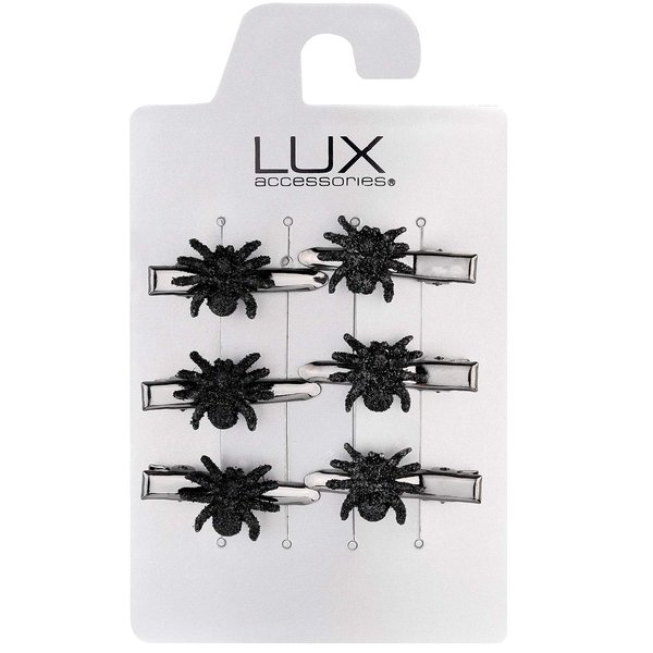 Lux Accessories Halloween Set of 6 Silvertone Finish Mini Hair Clips with Black Spiders