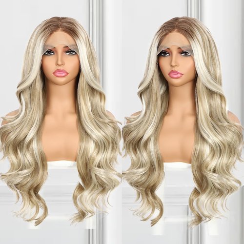 BABEHERS Highlight Blonde Lace Front Wig for Women 13x4 Body Wave Synthetic Wigs Balayage Pre-plucked Long Wavy Wig 150% Density Heat Resistant Hair Replacement Wigs 26inch