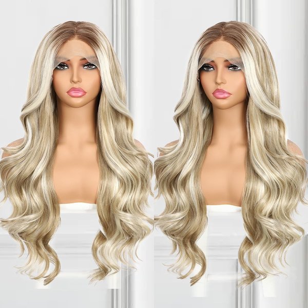 BABEHERS Highlight Blonde Lace Front Wig for Women 13x4 Body Wave Synthetic Wigs Balayage Pre-plucked Long Wavy Wig 150% Density Heat Resistant Hair Replacement Wigs 26inch