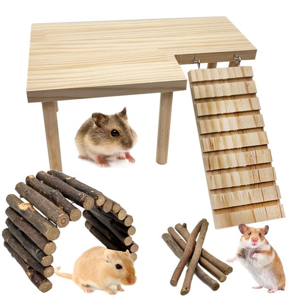 Wooden Hamster Platform with Legs, Small Syrian Hamsters Climbing Platforms with Ramp Kit Wood Ladder Bridge Rat Playing Toy Standing Table Gerbil Cage Accessories