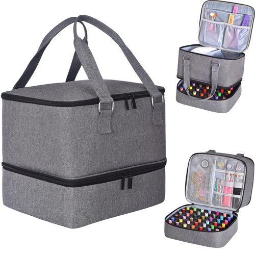 FCQQYWZ Nail Polish Organizer Case - Holds 42+ Bottles (15ml/0.5 fl.oz) and 1 Nail Lamp, Upgraded Double-layer Nail Polish Carrying Case Nail Polish Storage Bag with Handles (Grey)