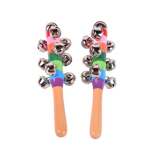 2 Pack Vivid Color Rainbow Handle Wooden Bells Jingle Stick Shaker Rattle 10 Jingle Bells Baby Kids Children Musical Toys