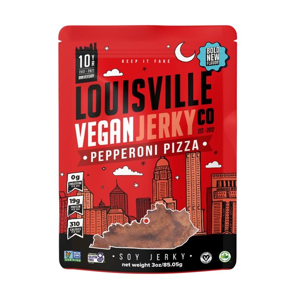 Louisville Vegan Jerky – Pepperoni Pizza Vegan and Vegetarian Friendly Meat - Lip-Smacking Jerky - Gluten-Free High Protein Vegan Snacks 19 grams of Non-GMO Soy Protein, 310 Calories Per Bag