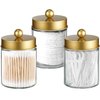 Komashr Apothecary Jar Canisters Bathroom Vanity Organizer - Qtip Holder Storage Organizer Countertop -Stainless Steel Lids &Cute Stickers for Qtips,Cotton Swabs,Makeup Sponges,Floss(3 Pack ) (Gold)