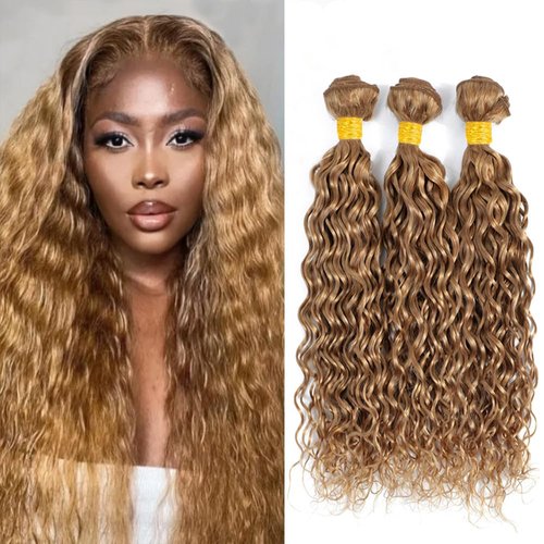 24 26 28 inch Color 27 Blonde Water Wave Bundles Human Hair Honey Blonde Bundles Double Weft Color 27 Human Hair Bundles Blonde Wet and Wavy Bundles Brazilian Virgin Remy Hair Extensions