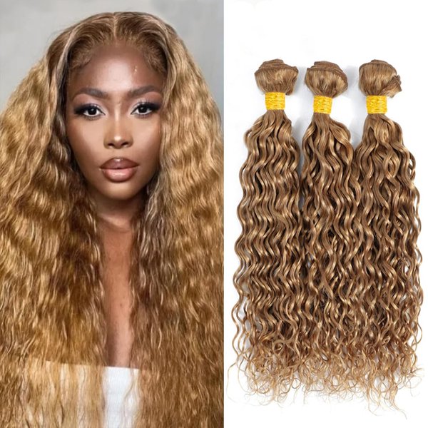 24 26 28 inch Color 27 Blonde Water Wave Bundles Human Hair Honey Blonde Bundles Double Weft Color 27 Human Hair Bundles Blonde Wet and Wavy Bundles Brazilian Virgin Remy Hair Extensions