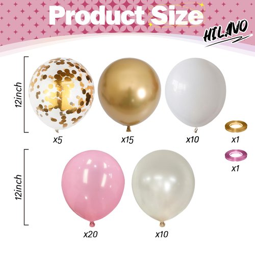 Pink Gold Balloons Set, 60Pcs 12 Inch Pastal Baby Pink Metallic Gold White Balloon with Gold Confetti Latex Balloons for Girls Women Birthday Wedding Baby Bridal Shower Party Decorations Supplies