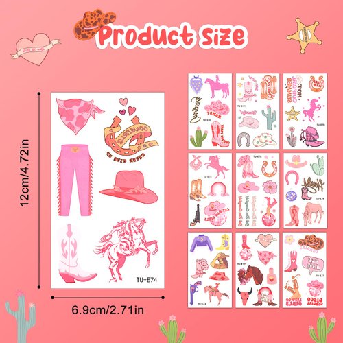 10 Sheets Pink Cowgirl Temporary Tattoos, 65 Patterns Retro Pink Bachelorette Temporary Tattoos Rodeo Temporary Tattoos Bach Party Favors Birthday Party Tattoos for Girl