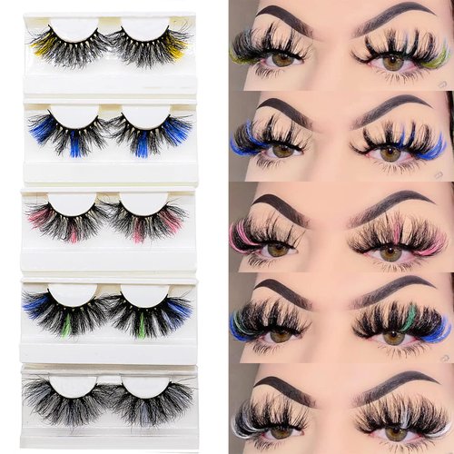 False Lashes with Color,Colored Lashes Strips,3D 25mm Fluffy Mink Lashes with Color on End,White Red Pink Blue Green Orange Purple Long Mink Eyelashes,Wispy Colorful Cat Eye Eyelashes Makeup