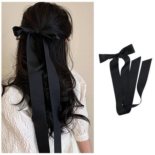 Yheakne Vintage Black Bow Hair Clip Barrette Long Tail Black Bow Hear Clip Barrette Black Bowknot Barrette Black Silky Bow Ribbon Barrette Silky Hair Clip Headwear Jewelry for Women (Black)