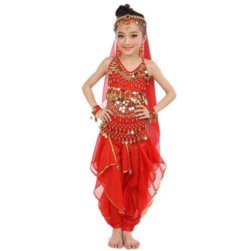 Cielary Kids Girls Belly Dance Halter Top Harem Pants Costume Set Halloween Outfit with Head Veil Waist Chain and Bracelets(Red,L)