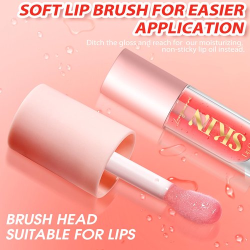 BANGFENG Big Brush Head Lip Glow Oil Plumping Tint, Tinted Lip Balm Transparent Lip Care, Moisturizing Non-sticky Fresh Shiny Texture Lip Oil - Strawberry (Pink)