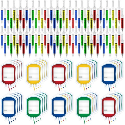 Maitys Syringe Pen Nurse Pen Nurse Gifts Bulk with Blood IV Bag Designed Sticky Notes Multicolor Novelty Pen for Nursing Student School Supply Imaginary Doctor Play for Party Favor(96 Pcs)