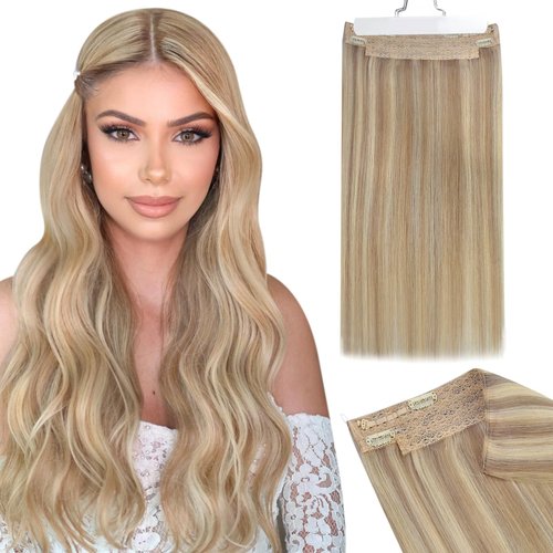 Ugeat Blonde Wire Hair Extensions Real Human Hair Invisible Hair Extensions Straight Dark Ash Blonde Highlights Golden Blonde Remy Hidden Wire Hair Extensions Human Hair 14 Inch 70g