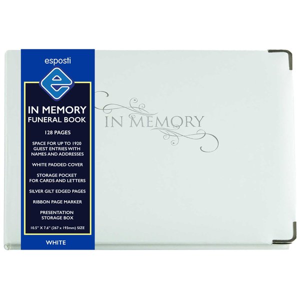 in Memory Funeral Guest Book |128 Pages | 1920 Lines for Message Entries | White Padded Cover | Silver Metal Protective Corners | Silver Gilt Edged Pages | Presentation Storage Box | 10.5 x 7.6 Inch