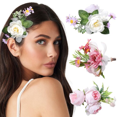Molans 3 PCS Hawaiian Flower Hair Clips, Artificial Flower Hair Barrettes for Women Girls, Tropical Chiffon HairPins Accessories for Wedding Bridal Beach Party(Pink/Beige Purple/Dusty Rose)