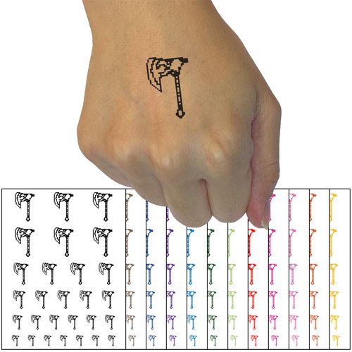 Pixel Axe Battle Axe RPG Dwarf Weapon Temporary Tattoo Water Resistant Fake Body Art Set Collection - Dark Blue (One Sheet)