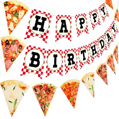 3 Pieces Pizza Party Decorations Pizza Birthday Party Banner Pizza Garland Supplies Pizza Theme Happy Birthday Party Pizza Pennant Banner for Christmas Party Pre Assembled Hanging Decoration