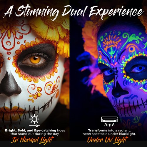 Splashes & Spills UV Face and Body Paint Sticks - UV Body Paint, UV Face Paint for Costume, Cosplay, Theater, Club - Glows Under UV Light - Black Light Paint For All Skin Types (6 Colors)