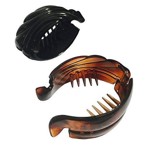 Parcelona French Snapper Small Celluloid Fish Ponytail Holder Banana Hair Clips for Women (Brown Tortoise Shell N Black 2 Pcs 1 1/2")