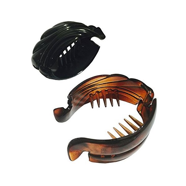 Parcelona French Snapper Small Celluloid Fish Ponytail Holder Banana Hair Clips for Women (Brown Tortoise Shell N Black 2 Pcs 1 1/2")