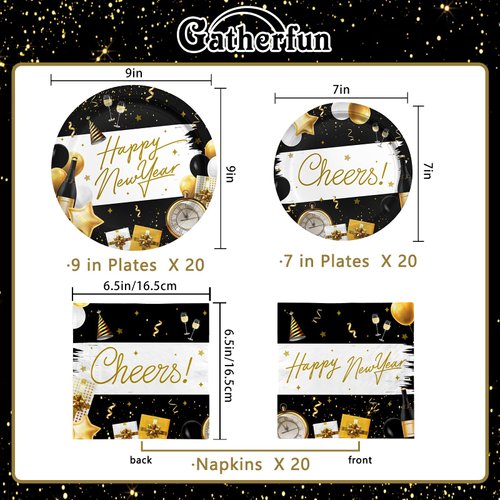 Happy New Year Party Supplies Disposable Paper Plates Napkins Cups Tablecloth and Banner for Happy New Year Party Decorations, Serve 20